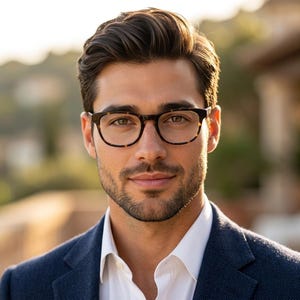 May include: A person with dark brown hair styled upwards, wearing tortoise shell glasses with a rectangular frame. The person has a short, groomed beard and is dressed in a white collared shirt layered under a dark navy blue textured blazer.