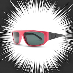 May include: Wraparound sunglasses featuring a bright pink frame and dark tinted lenses. The temples are black and transition into a grey tip. The design includes a single continuous lens piece across the front, providing a wide field of vision.