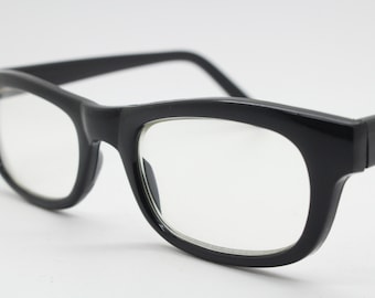 90s vintage black low profile glasses. 60s design rectangular gloss acetate optical frames. Prescription eyeglasses. RX Spectacles. BNWT NOS