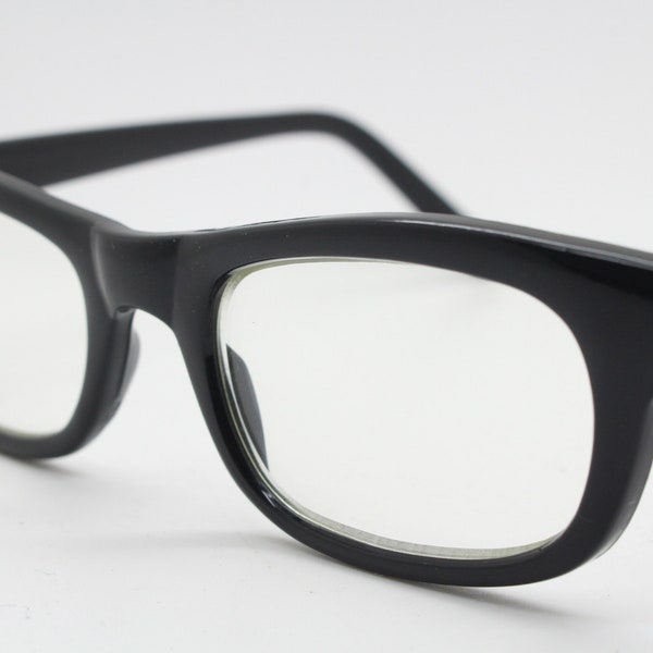 90s vintage black low profile glasses. 60s design rectangular gloss acetate optical frames. Prescription eyeglasses. RX Spectacles. BNWT NOS