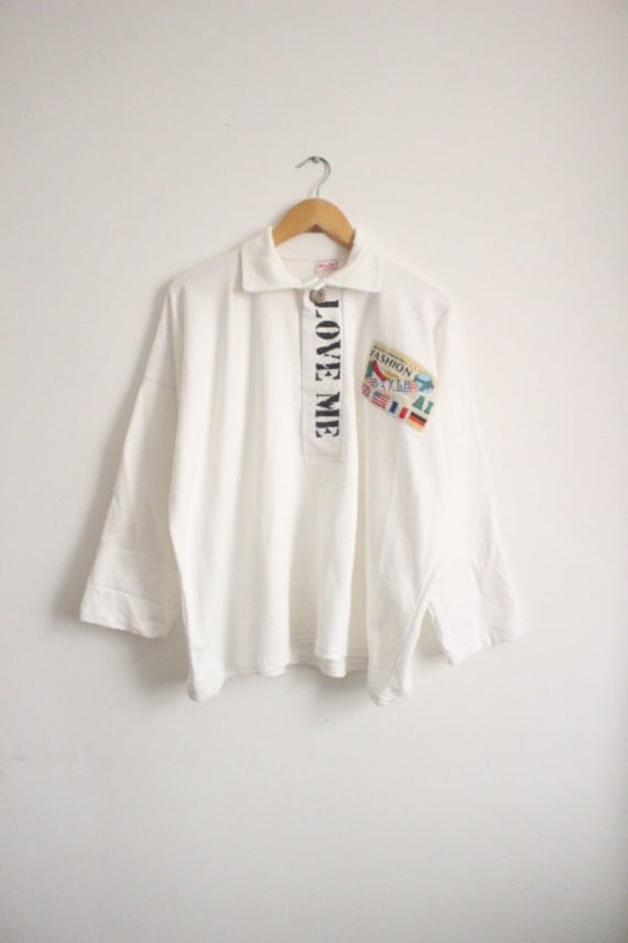 80s Vintage oversized polo shirt with 'LOVE ME' g… - image 3