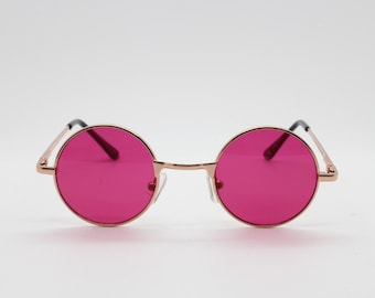 Kids 90s round vintage sunglasses. Rose gold metal frame with intense pink lenses. Childrens. John Lennon. BNWT