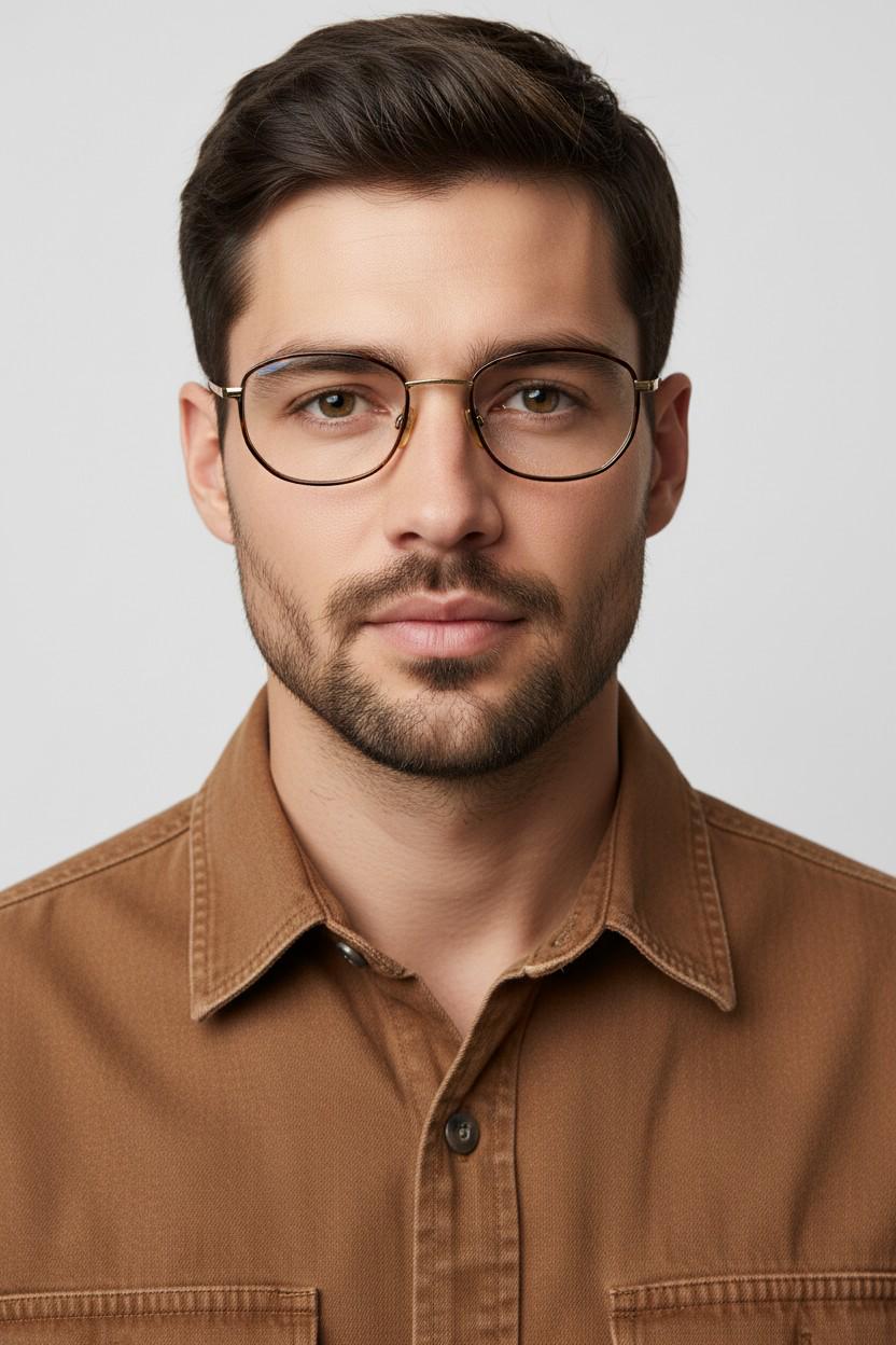 May include: Eyeglasses featuring thin, gold-toned metal frames with a rounded rectangular shape. The lenses are clear, and the bridge is straight, connecting the two rims. The temples are slender and metallic, extending from the outer corners.