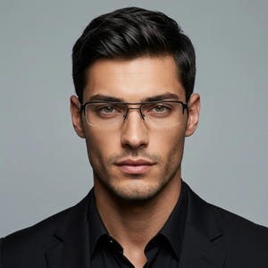 May include: A pair of semi-rimless eyeglasses with a thin black metal frame and a double bridge design. The lenses are clear and rectangular in shape, featuring adjustable nose pads. The frame is lightweight and features a minimalist aesthetic.