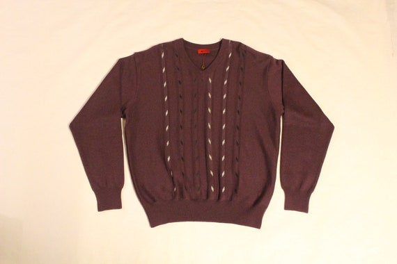 Dapperazziplaza Gabicci Vintage Knit Jumper with Abstract Stripes. Mens Wine V Neck Sweater. Bnwt Size L 80s Design Pullover