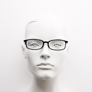 90s vintage modified wayfarer design eye glasses. Black low profile slim optical frames. Prescription eyeglasses. RX Spectacles. NOS