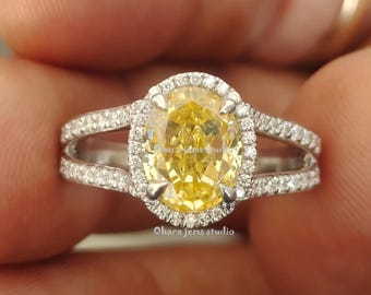 3ct Canary Yellow Oval cut Engagement Ring, Split Shank Wedding Ring, Oval Cut Elegant Halo Ring Anniversary Ring For Her, Promise Gift Ring