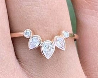 Unique dainty curved womens wedding band, Art deco marquise lotus wedding band, Crown tiara wedding band, Curved Wedding Ring, Unique Band