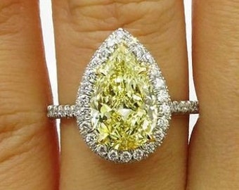 anillo de compromiso de halo de corte de pera, anillo a juego de boda de diamante amarillo, anillo de compromiso de halo en forma de pera yelloe canario, anillo de estilo vintage