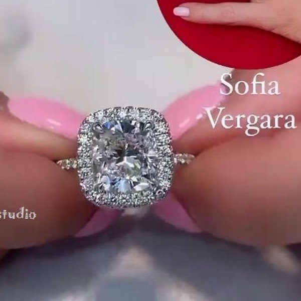 Hollywood Celebrity Engagement Ring, 9 MM Cushion Cut Moissanite Wedding Promise Ring, Sofia Vergara Engagement Ring double halo design Ring