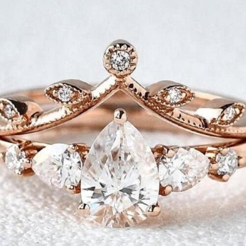 Pear Cut Engagement shops Ring Set / Art deco Wedding Set / Rose Gold Bridal Set / pear cut wedding ring Set / Women V Shaped ring / Gift For Her