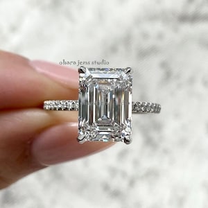 Hidden Halo Emerald Cut Diamond Ring, Unique Promise Ring 4 CT Emerald Cut Moissanite Certified Ring Best Friends Gift Ring Anniversary Ring