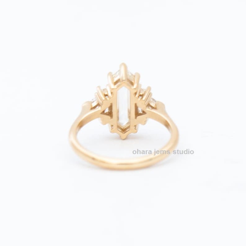 Elongated Hexagon Moissanite Ring Unique Yellow