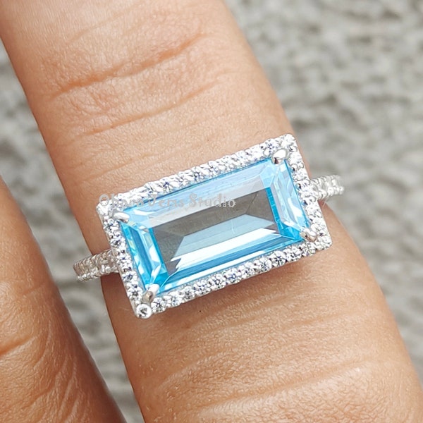 Customize Ring, Aquamarine Ring, East West Halo Cocktail Ring, Geometric 925 Silver Aquamarine Baguette Cut Ring , Antique Engagement Ring