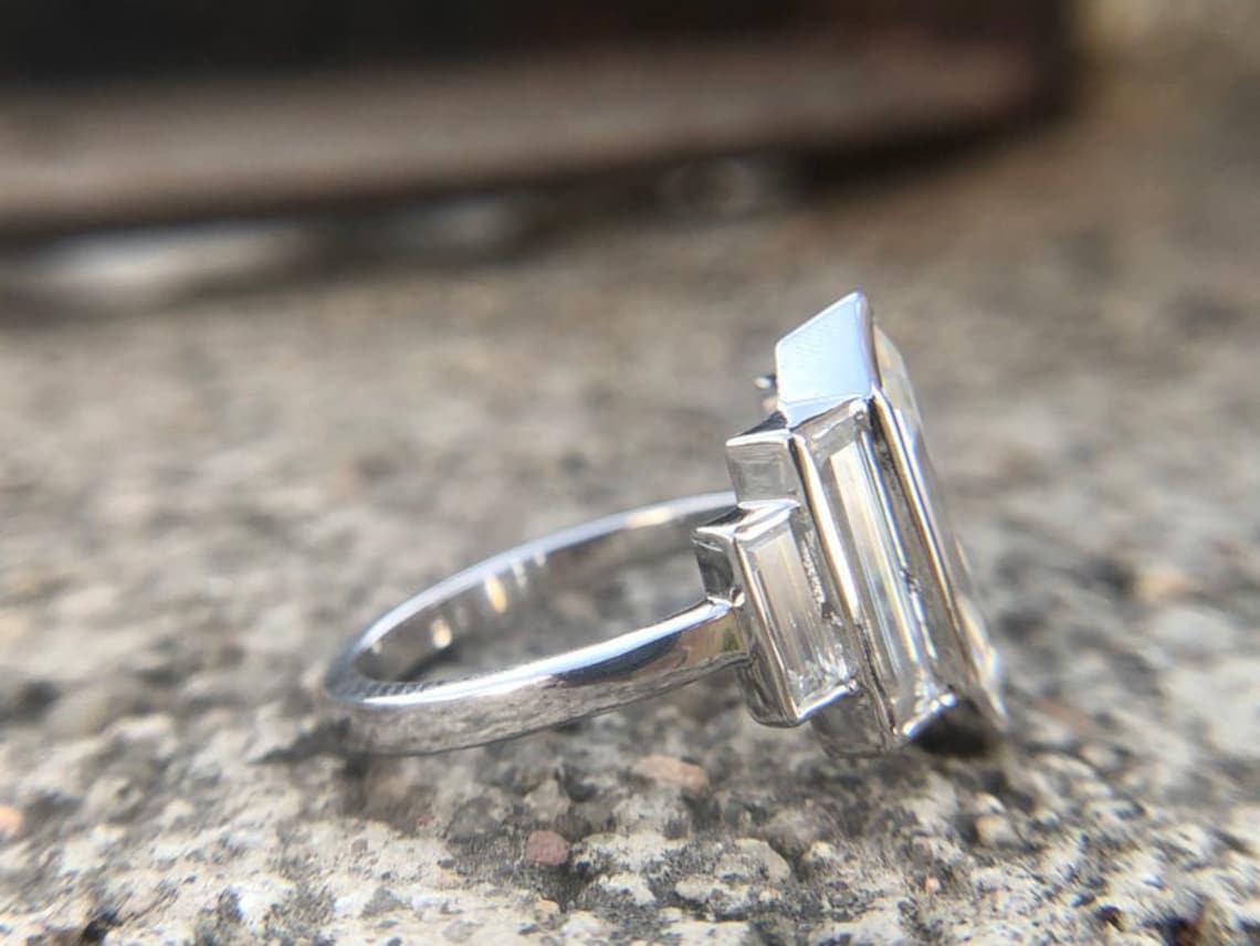 Moissanite Elongated Hexagon ring / Rustic