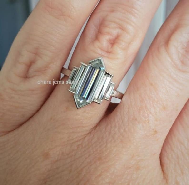 Moissanite Elongated Hexagon ring / Rustic