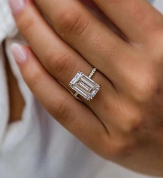 7 Carat Emerald Cut Engagement Ring White Gold Ring High Sparkle