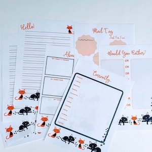 May include: A set of printable stationery featuring a black cat and orange paw print design. The set includes a "Hello!" note card, a lined sheet of paper, a "Mail Tag" card, an "About" page, a "Currently" page, and a "Would You Rather?" page.