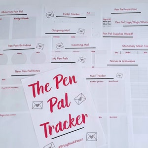Puede incluir: Un conjunto de páginas imprimibles para hacer un seguimiento de los amigos por correspondencia, que incluye secciones para cumpleaños, correo, suministros e inspiración. Las páginas presentan un sobre gris con un diseño de corazón rojo y el texto "The Pen Pal Tracker #BringBackPaper".