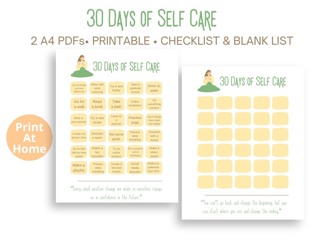 Self Care Challenge: 30 Day Checklist & Blank List (A4 PDF) - Etsy