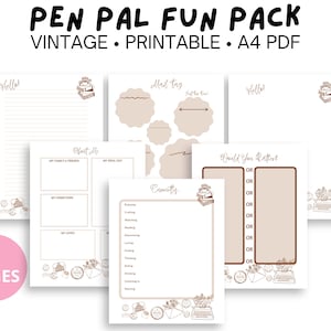 May include: Printable pen pal fun pack with 8 pages of vintage-style templates. The pages include prompts like "About Me", "My Ideal Day", "Would You Rather", and "Creativity".