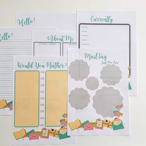 May include: A set of printable stationery templates featuring a mail theme. The templates include "Hello!" pages, an "About Me" page, a "Would You Rather?" page, a "Currently..." page, and a "Mail Tag" page.