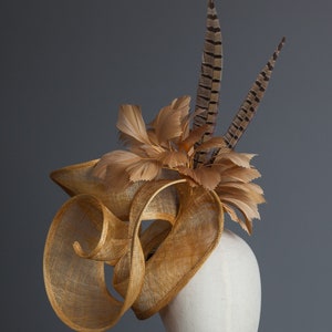 Elisabeth Derby golden caramel sinamay freeform headpiece with feathers