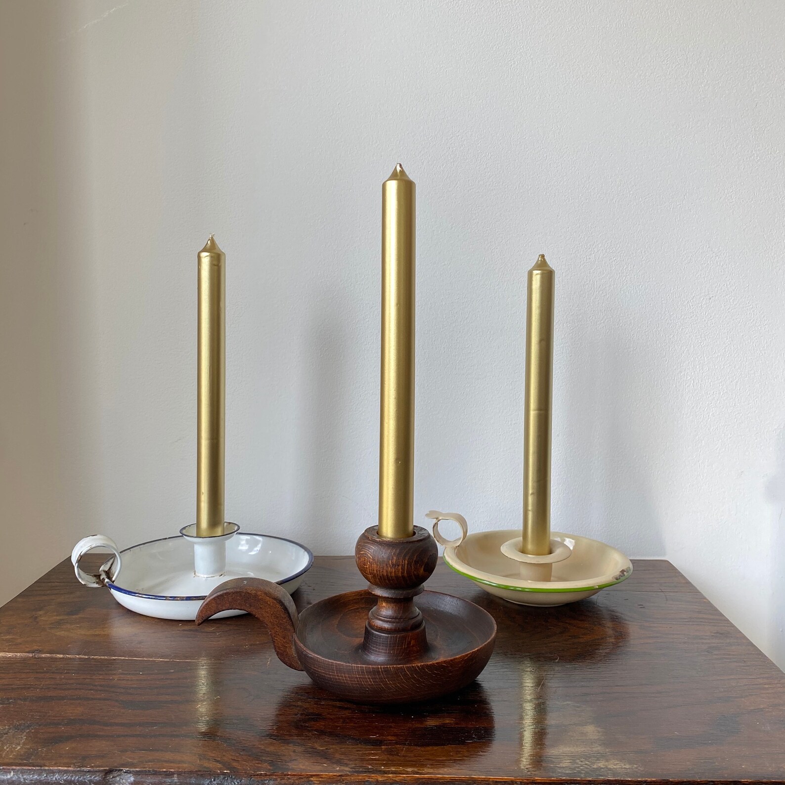 Vintage Enamel Candlestick Holders Wooden Candle holder Rustic Etsy