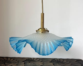 Antique French Art Deco blue glass pendant light blue pie crust ruffle ceiling light shade antique pendant lighting statement