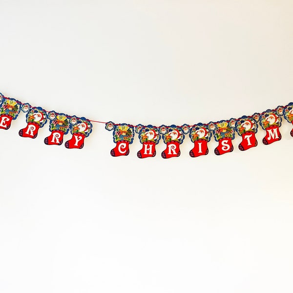 HUGE vintage kitsch Merry Christmas banner with Santa and reindeer, cute retro Christmas decoration Christmas party banner retro mid century