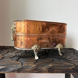 May include: A copper-toned metal planter with a hammered texture. The planter has a rectangular shape with rounded edges, ornate lion's head handles, and decorative feet. The planter is elevated on three ornate feet.