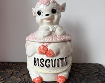 Vintage large mid century kitsch biscuit tin cookie jar, Japanese pink lamb biscuit jar kitchenalia retro biscuit barrel 1950s