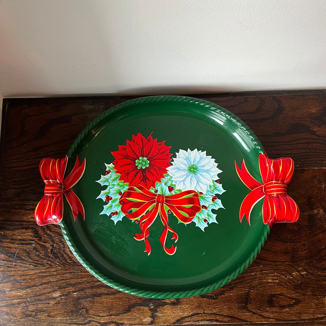 Vintage Plastic Round Christmas Serving Tray Green, Red, Poinsettia Retro, Holiday, Decor, Xmas