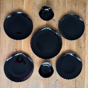 May include: A set of black, shell-shaped serving dishes and bowls. The dishes are arranged on a wooden surface. The glossy finish reflects light, highlighting their textured surfaces. The set includes various sizes, suitable for serving starters or desserts.