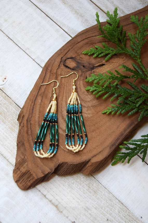 Beaded Earrings, "Cream and Teal" | Indigenous Made | Authentic Native American Handmade Teardrop Loop Earrings