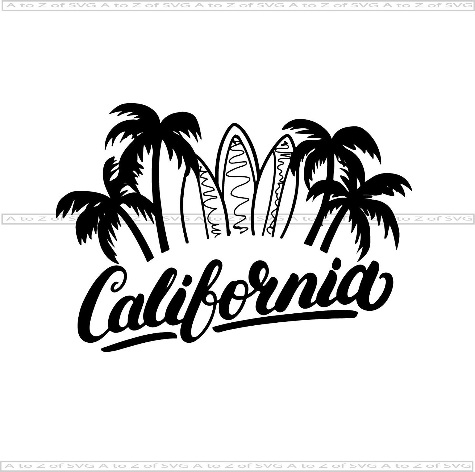 California Surfboards Palm Trees Detailed Silhouette Outline | Etsy