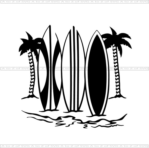 Download Surfboard In Sand Palm Tree Background Detailed Silhouette Etsy