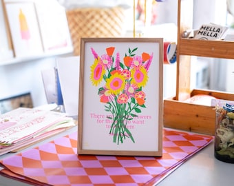 Moderne kleurige Riso print van een bos bloemen met quote van Matisse