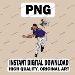 Puede incluir: Una ilustración digital de un jugador de béisbol con una camiseta morada y pantalones blancos lanzando una pelota de béisbol. El jugador está mirando hacia la izquierda y tiene una expresión decidida en su rostro. El fondo es de color marrón claro con el texto "PNG" en un cuadro blanco en la parte superior de la imagen. El texto "INSTANT DIGITAL DOWNLOAD HIGH QUALITY, ORIGINAL ART" está en la parte inferior de la imagen.