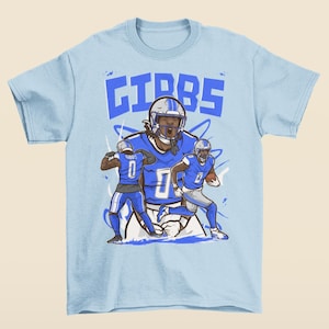 Jahmyr Gibbs cartoon-stijl Detroit voetbal T-shirt