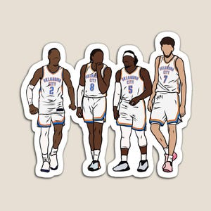 May include: A sticker featuring four stylized basketball players in white and blue Oklahoma City Thunder uniforms. Each player has a different pose, with the team name and numbers visible on the jerseys. The sticker has a white border.