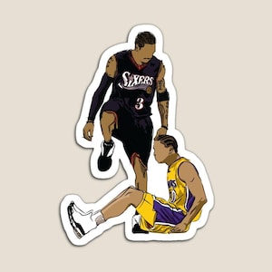 May include: A black and white illustration of two basketball players. The player in the black jersey with the word "Sixers" on it is standing with his foot on the head of the player in the yellow and purple jersey.