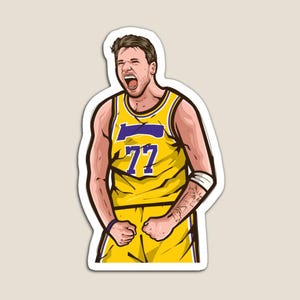 May include: A cartoon illustration of a basketball player wearing a yellow and purple jersey with the number 77 on the front. The player is yelling with his mouth open and his fists clenched.