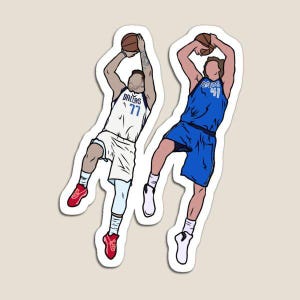 May include: Two basketball players in mid-air, one wearing a white jersey with "Dallas 77" on it and the other wearing a blue jersey with "Dallas 41" on it. Both players are wearing red shoes and are holding a basketball.