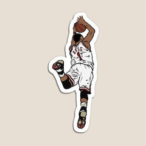 May include: A basketball player wearing a white jersey with red trim and the number 1 on the back. The jersey says "ROSE" on the front. The player is in mid-air, about to dunk a basketball.