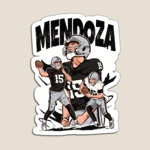 May include: A magnet featuring a stylized illustration of a football player in a black and silver uniform. The word "MENDOZA" is printed in bold, black letters above the player. The player is depicted in action, throwing a football.