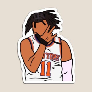 May include: A cartoon illustration of a basketball player wearing a white and orange jersey with the text "New York" and the number "11". The player has black hair and is covering their face with their hand.