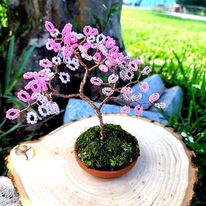 Handmade Copper Wire Bonsai Tree with Pink Beaded Leaves