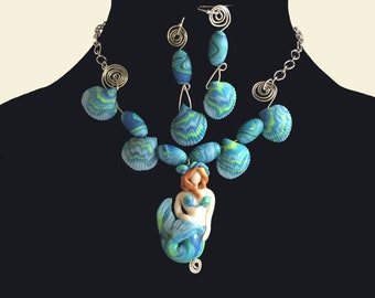 Gorgeous Mermaid necklace, Mermaid Polymer Clay Necklace & Earrings, Mermaids Sea Collar, Bib/Statement Necklace, statement choker, For her