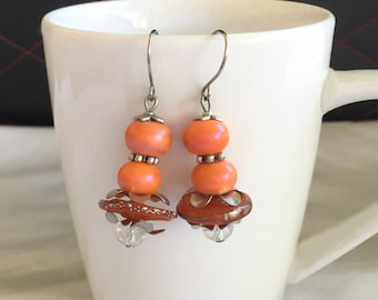 Drop Earrings, Orange and Silver Drop Earrings, Orange Drop Earrings, Orange Dangle Earrings, Orange Bead Earrings, Artisan Made Earrings